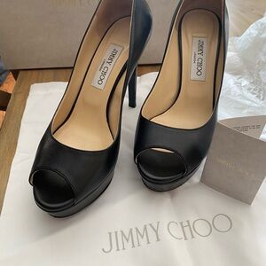 Jimmy Choo- Black Leather Dahlia Kid Platform Peeptoe Heels